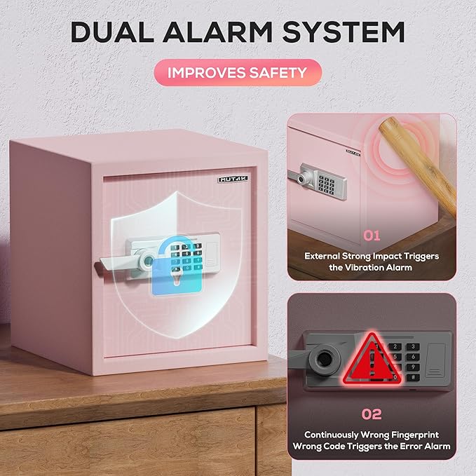 1.5 Cub Biometric Safe Box with Fireproof Bag, Quick-Access Fingerprint with Keys, Digital Keyboard, Type-C Port, Dual Alarm System Safety Box for Home, Office, Hotel Use(Pink)