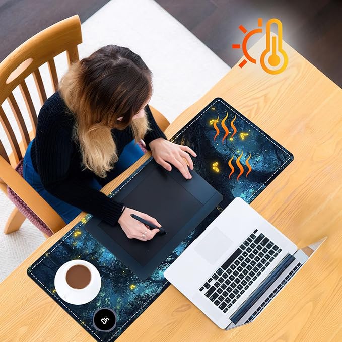 Heated Mouse Pad 31.5x13 in 3-Temp Fast Heating Desk Mat with Auto Timer Warmer for Hands Wrist Pain Relief Waterproof Keyboard Mat for Office, Gaming, Home, Enchanted Forest Glow