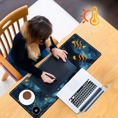 Heated Mouse Pad 31.5x13 in 3-Temp Fast Heating Desk Mat with Auto Timer Warmer for Hands Wrist Pain Relief Waterproof Keyboard Mat for Office, Gaming, Home, Enchanted Forest Glow