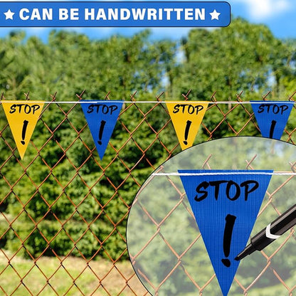 105ft Blue and Yellow Pennant Banner Flag, 7"x10" Fluorescent Safety Flagging Banner Warning Flag for Construction Site/Boundary Barrier Signs, Perimeter Marking Flags on String, 45 Flags