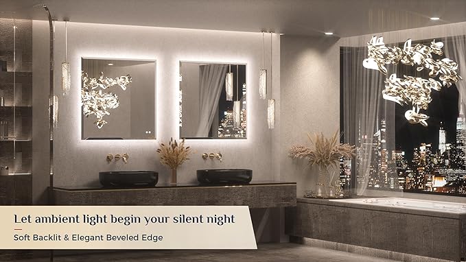 Keonjinn 36 x 36 Inch Square LED Mirror with Backlight, Backlit Bathroom Mirror Beveled Edge, HD Tempered Glass, UL-Listed LED Driver, 3 Color Lights, Safe Defogging, Dimmable, Decorative Mirror