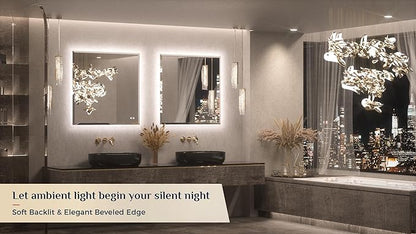 Keonjinn 36 x 36 Inch Square LED Mirror with Backlight, Backlit Bathroom Mirror Beveled Edge, HD Tempered Glass, UL-Listed LED Driver, 3 Color Lights, Safe Defogging, Dimmable, Decorative Mirror