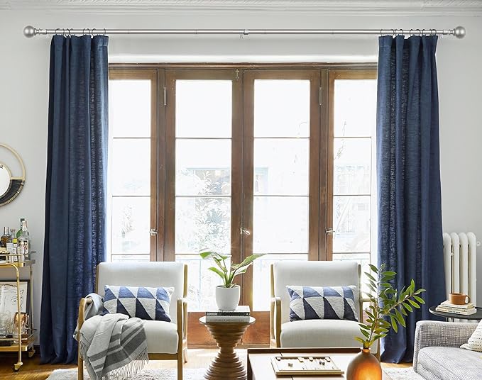 KAMANINA Long Curtain Rods for Windows 72 to 144 Inches, Silver Curtain Rod 32 to 144 Inches (2.6-12ft), 7/8 Inch Decorative Drapery Rods with Round Finials