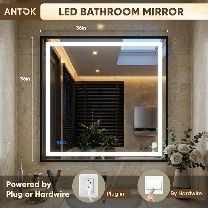 Antok 36X36 LED Bathroom Mirror with Lights, Vanity Mirror for Wall with Black Frame, Touch Control, Anti-Fog, Dimmable Lights, Shatter-Proof, Memory Function, Wall-Mounted Vanity Mirrors