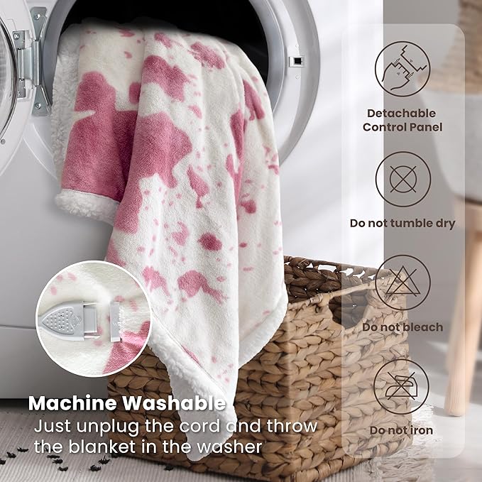Cow Print Heated Blanket Twin-Heating Electric Blanket Twin with 10 Heat Levels & 10 Hours Auto-Off, Cozy Soft Fleece Sherpa, Washable, 62 x 84 Inches Cow Print Pink