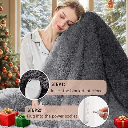 Heated Electric Blanket Throw–Faux Fur with Soft Thick Sherpa,Warm Winter Birthday Gifts for Women Grandma，10 Heat Settings,5 Time Settings with Fast Heating, 50x60, Foggy Dusk