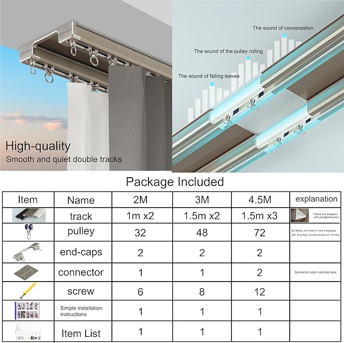 Ceiling Curtain Track Double Rail System Sliding Curtain Rail (Champagne, 3M)