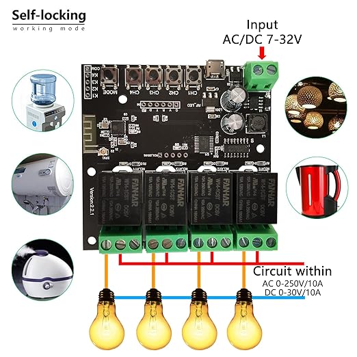 Jane Eyre 4 Channel Smart WiFi Relay Switch Module Momentary Self-Locking Controller DC 7-32V DIY Remote Control Garage Door Compatible with Alexa Echo Google Home