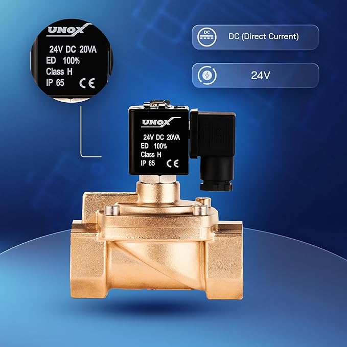 UNOX 1 1/4" NPT Solenoid Valve 24V DC, Brass Control Valve Normally Closed - 7-232 PSI Multi-Purpose Reliable Control Valve for Water, Air, and Gas - Solenoid Valves