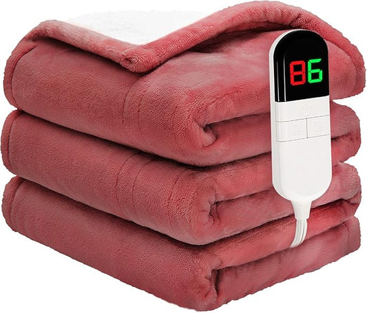 Heated Throw Blanket 50"×60" - Premium Cosy Soft Electric Blanket with 6 Heating Levels,Fast Heating Flannel Sherpa Blanket for Bed & Couch - Auto Shut Off/Machine Washable (Wine)