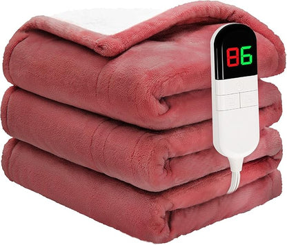 Heated Blanket Twin 62"×84" - Premium Cosy Soft Electric Blanket with 6 Heating Levels,Fast Heating Flannel Sherpa Machine Washable Blanket for Bed & Couch - Auto Shut Off(Wine)