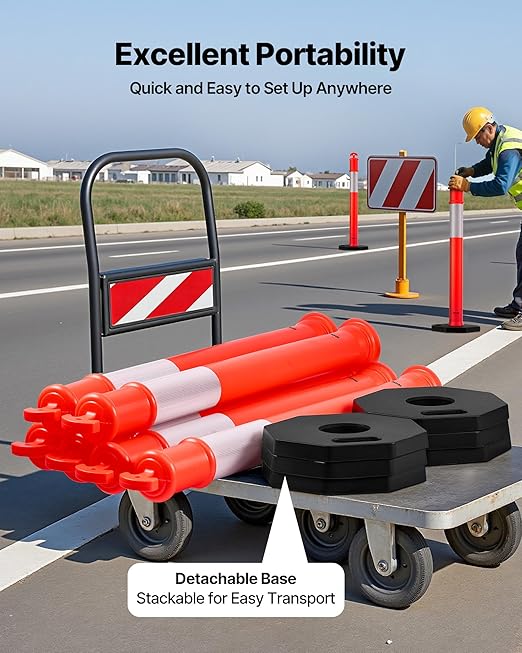VEVOR 2 Pack Traffic Delineator Posts, 48 inches Traffic Safety Cones with Weighted Base and Reflective Strips, Heavy Duty Delineator Posts for Construction Site, Parking Lot, Crowd Control, Red