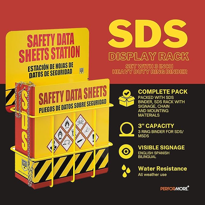 SDS Display Kit Rack Set with Heavy Duty 3 Inch Ring Binder, Wire Rack, SDS Station Sign, Chain, Mounting Hardware & SDS Poster - Organize Safely and Efficiently