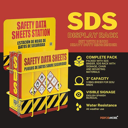 SDS Display Kit Rack Set with Heavy Duty 3 Inch Ring Binder, Wire Rack, SDS Station Sign, Chain, Mounting Hardware & SDS Poster - Organize Safely and Efficiently