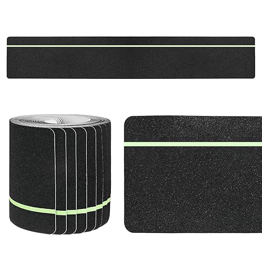 15-Pack Anti Slip Traction Tape 24" x 6" Best Grip Tape Grit with 6mm/0.24" Glow in Dark Stripe High Traction Friction Abrasive Adhesive for Indoor/Outdoor Stairs[Black+Green]