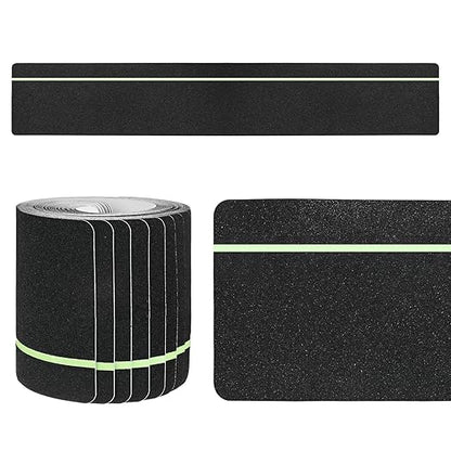 15-Pack Anti Slip Traction Tape 24" x 6" Best Grip Tape Grit with 6mm/0.24" Glow in Dark Stripe High Traction Friction Abrasive Adhesive for Indoor/Outdoor Stairs[Black+Green]