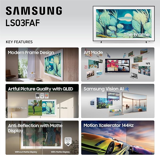 Samsung 65-Inch Class The Frame LS03F 4K QLED Smart TV (2025 Model) Slim Fit Wall Mount, Modern Frame Design, NQ4 AI Gen2 Processor, Art Mode, Artful Picture Quality, Samsung Vision AI, Alexa Built-in