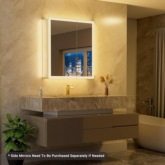 30x32 LED Medicine Cabinet Mirror with Double Lights-Front & Backlit, 155°Soft-close Hinge, Surface or Recessed Dimmable Lighted Medicine Cabinet Mirror with Clock Outlet Inner Light,Anti-fog