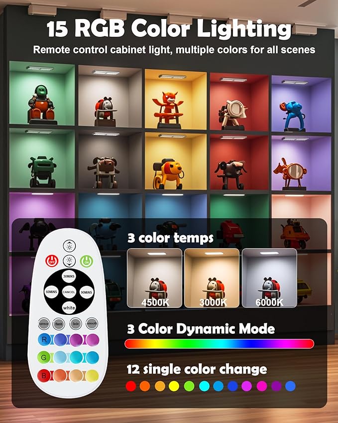 SZOKLED 58-LED Under Cabinet Lighting Wireless, RGB Motion Sensor Night Lights with Remote, 1100mAh Magnetic Under Cabinet Lights for Kitchen, Shelf, Stair, 15 Color (4 Pcs)