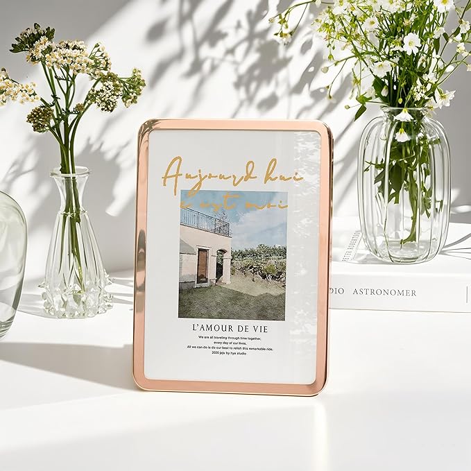 Axeman 5x7 Picture Frame-Metal Rounded Corner Frame 5x7, 5''x7''Photo Frame with Tempered Glass,Tabletop and Wall Display, One-Piece 5 By 7 Metal Picture Frame for images, Rose Gold