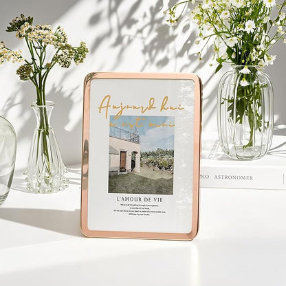 Axeman 4x6 Picture Frame-Metal Rounded Corner Frame 4x6, 4''x6''Photo Frame with Tempered Glass,Tabletop and Wall Display, One-Piece 4 By 6 Metal Picture Frame for images, Rose Gold