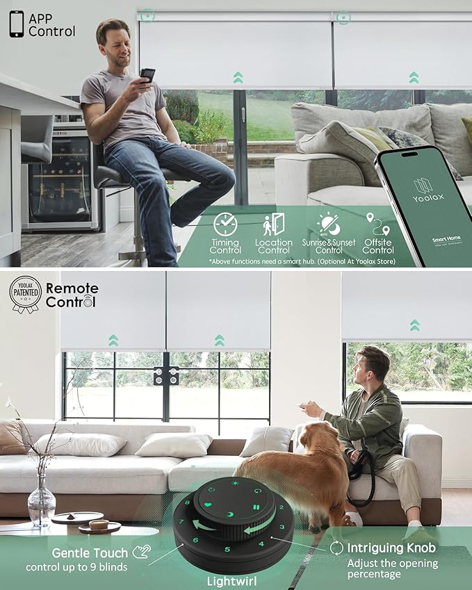 Yoolax Motorized Blinds with Remote, Blackout Smart Blinds Motorized Fabric Roller Shades Work with Alexa, Automatic Shades for Windows Custom Size (Greyish White)