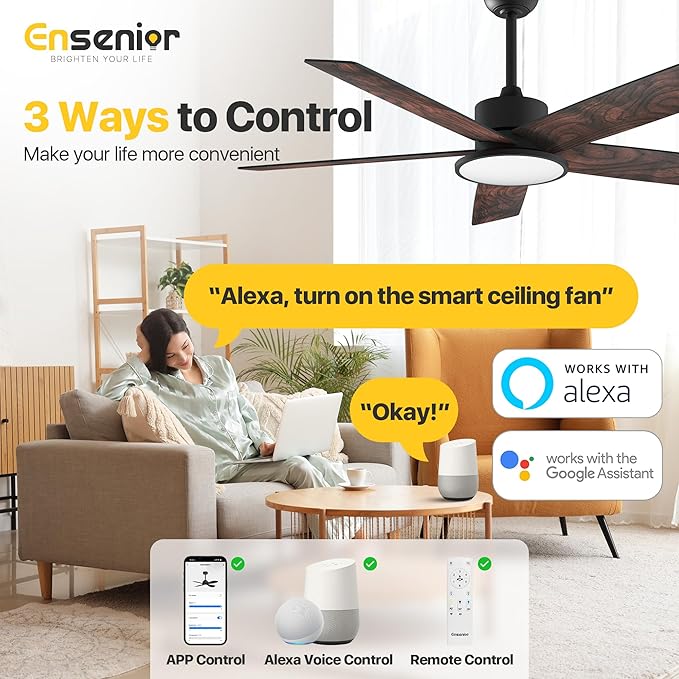 Ensenior 52 Inch Smart Ceiling Fans with Lights and Remote Control via Alexa Google Voice App, Reversible DC Motor 6 Speeds, 3000K-6000K Dimmable LED Black Bedroom Ceiling Fan with Lights - 5 Blades