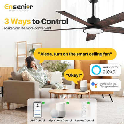 Ensenior 52 Inch Smart Ceiling Fans with Lights and Remote Control via Alexa Google Voice App, Reversible DC Motor 6 Speeds, 3000K-6000K Dimmable LED Black Bedroom Ceiling Fan with Lights - 5 Blades