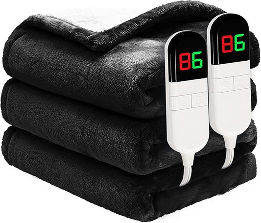 Heated Blanket Queen 84"×90" - Premium Cosy Soft Electric Blanket with 6 Heating Levels,Dual Control Fast Heating Flannel Sherpa Blanket for Bed & Couch,Auto Shut Off/Machine Washable (Black)
