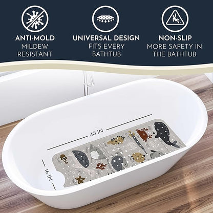 Bath Tub Mat Non Slip Anti Mold for Kids BPA Free INCL Hooks - homerella® Ocean Sea Animals 40x16, Baby Bath Mat Non Slip 200 Suction Cups, Non Toxic Machine Washable Toddler Bath Mat, EU Certified