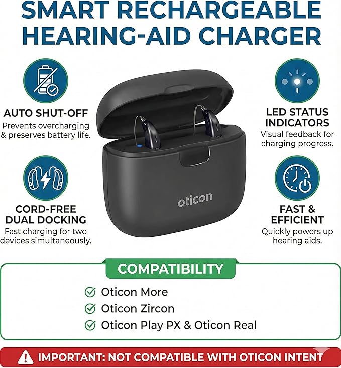 Smart Rechargeable Hearing-Aid Charger with Auto Shut-Off & LED Status Indicators – Fast, Cord-Free Docking Station for Two Devices