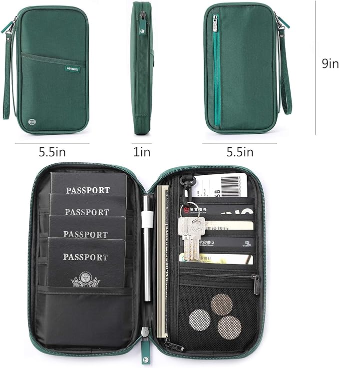 VanFn RFID Travel Passport Wallet, Family Passport Holder, Trip Document Organizer P.Travel Series (Nylon - Green)