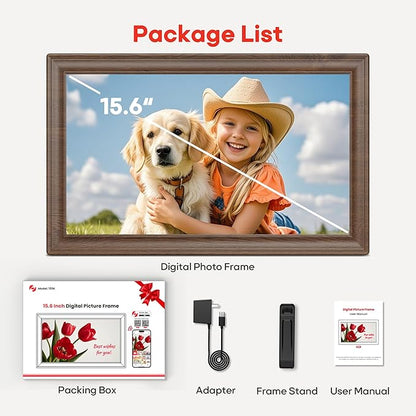 64GB 15.6" Frameo Digital Picture Frame WiFi, Large Electronic Photo Frames Wood 1920 x 1080 IPS FHD Touch Screen, Send Photos from Your Phone from Anywhere, Best Gifts for Family and Friends