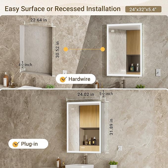 24x32 Medicine Cabinet Mirror with Double Lights & Clock, Front+Backlit Surface or Recessed Fogless Lighted Medicine Cabinet Mirror, 155°Soft-close Right Hinge,Time-Display,Outlet,Inner Light