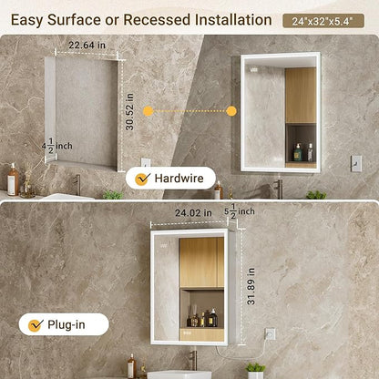 24x32 Medicine Cabinet Mirror with Double Lights & Clock, Front+Backlit Surface or Recessed Fogless Lighted Medicine Cabinet Mirror, 155°Soft-close Right Hinge,Time-Display,Outlet,Inner Light