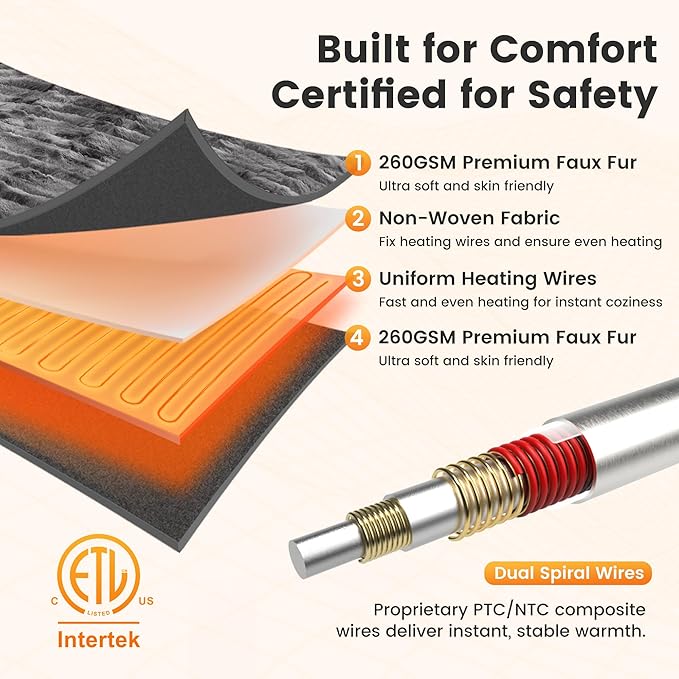 WOOMER Heated Blanket Full Size Electric Blanket 77"x 84", Soft Faux Fur Fast Heating Blanket, 10 Heating Levels & 0.5-12H Auto Off, Over-Heat Protection, ETL Certification