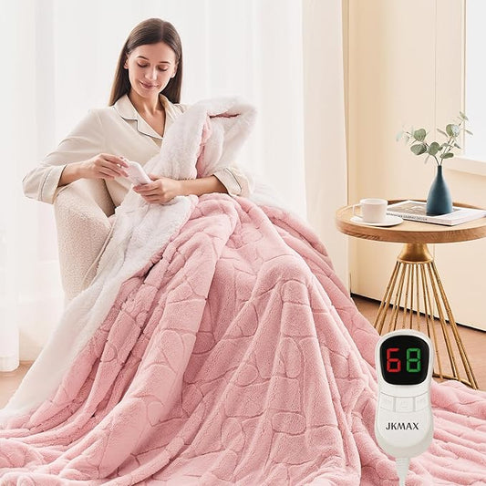 Heated Electric Blanket- Electric Throw Blanket 100"x90" for Bed- 5 Heating Levels& 4 Hours Auto Off for Home Office - Soft Faux Fur for Full Body(Pink)