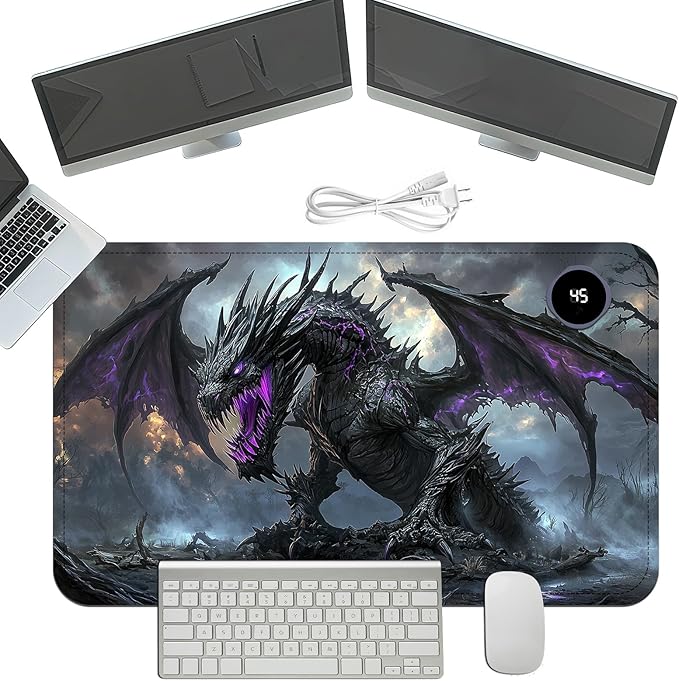 Heated Mouse Pad with 3 Temperature Settings(104°F–122°F),Large 24x14.2 Inch PU Leather Heated Desk Mat,Waterproof Warming Pad for Office,Gaming & Cold Hands Relief,Dark Dragon Fantasy