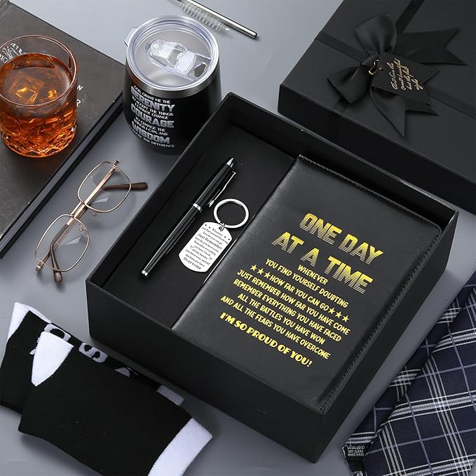 6 Pcs Sobriety Gifts for Men Women Addiction Recovery Sober Encouragement Gifts 12 oz Stainless Steel Cup Socks Keychain Pen Notebook Box for AA NA Alcoholics Addiction Sober Milestone