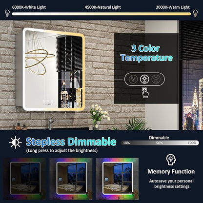 LED Medicine Cabinet with Lights, 30×32 Inch Lighted Medicine Cabinet with Mirror and Adjustable Lights, RGB Multicolor Backlit+3-Color Front Lighted, Defogger, Memory Function, Wall Mounted