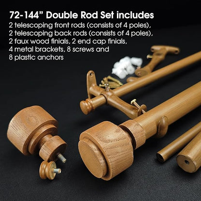 1-1/8 Inch Diameter Faux Wood Curtain Rod with Wood Grain Finials, 72-144 inch Telescoping Double Curtain Rods for window width 68-140 inch, 1 pack