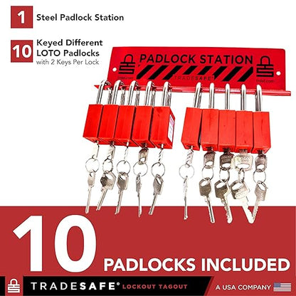 TRADESAFE Lockout Tagout Locks Station - Loto Locks Rack with 10 Padlocks Keyed Different - 2 Keys per Safety Lockout Lock