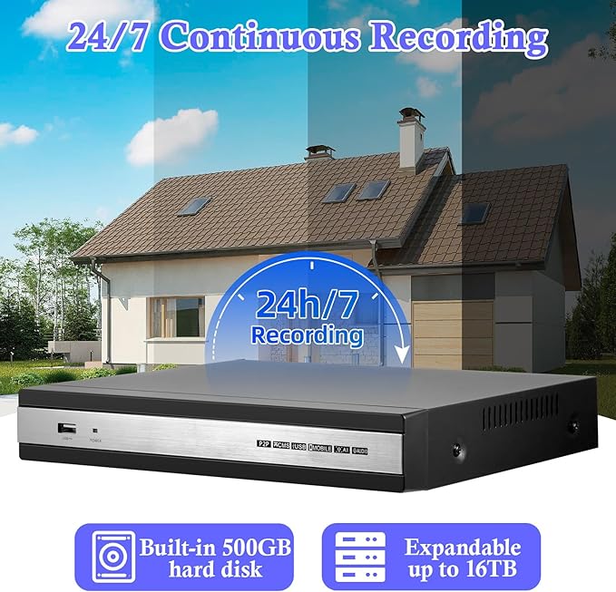 8CH DVR Recorder for Home Security Camera System, 6 in 1 DVR for Security Camera/AHD/TVI/CVI/CVBS/IP Surveillance, with 500GB Hard Drive, Max to 16TB, Mobile APP & PC Remote