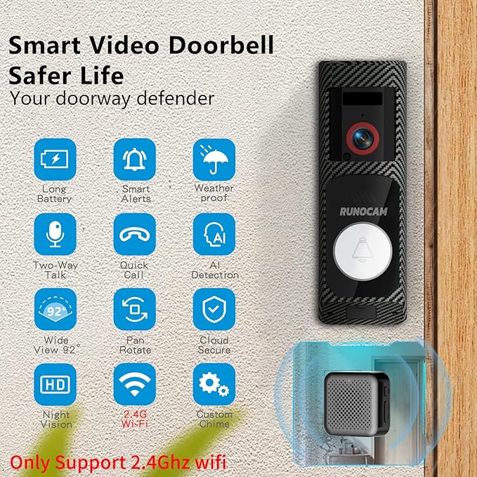 Video Doorbell Camera Wireless with Charm, HD Camera, Real-Time Alerts Ring Call, Pan Rotate, AI Detection, Power Battery, Home Security Apartment Camara para Puerta, 2.4G WiFi, Carbon Fiber