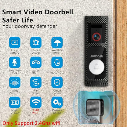 Video Doorbell Camera Wireless with Charm, HD Camera, Real-Time Alerts Ring Call, Pan Rotate, AI Detection, Power Battery, Home Security Apartment Camara para Puerta, 2.4G WiFi, Carbon Fiber