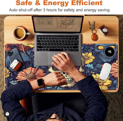 Heated Mouse Pad for Desk 31.5" x 13" – PU Leather Warm Desk Pad with 3 Heat Levels (104°F/113°F/122°F), Plug-in Electric Heating Mat with Auto Shut-Off, Waterproof & Rollable, Floral Skull