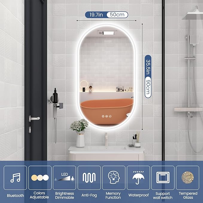 STARLEAD 36"x20" LED-Bathroom-Mirror-with-Lights, Wall-Mounted with Bluetooth Speaker, Anti-Fog, 3 Color Temperature, Dimmable Brightness, Waterproof, Tempered Glass, Frontlit & Backlit, Oval