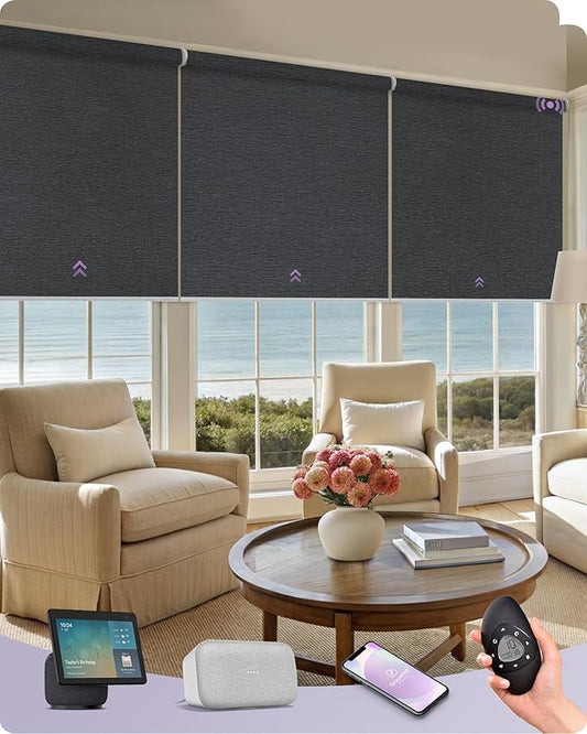 Graywind Smart Coupled Roller Shades Compatible with Alexa Google Custom Size Extra Large Motorized Blinds for Windows(Frequency Nero)