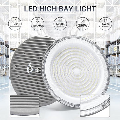 10 Pack 250W UFO Led High Bay Light,120VAC,5000K Daylight Commercial Bay Lighting,IP66 Waterproof,41050LM,1150W MH/HPS with Plug Area Light for Warehouse/Shop/Workshop/Barn/Gym/Factory