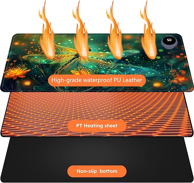 Heated Mouse Pad with 3 Levels Heated & 3 Hours Auto Shut-Off Mouse Pad for Warming Hands in Office Home, 23.6" x 14.2"Large Safe Desk Mat Hand Warmer，Glowing Dragonfly